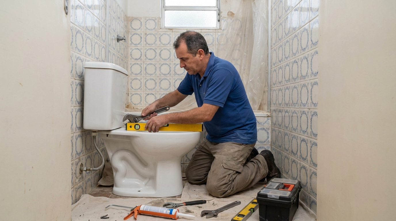 Técnico instalando vaso sanitário em Petrolina‑PE